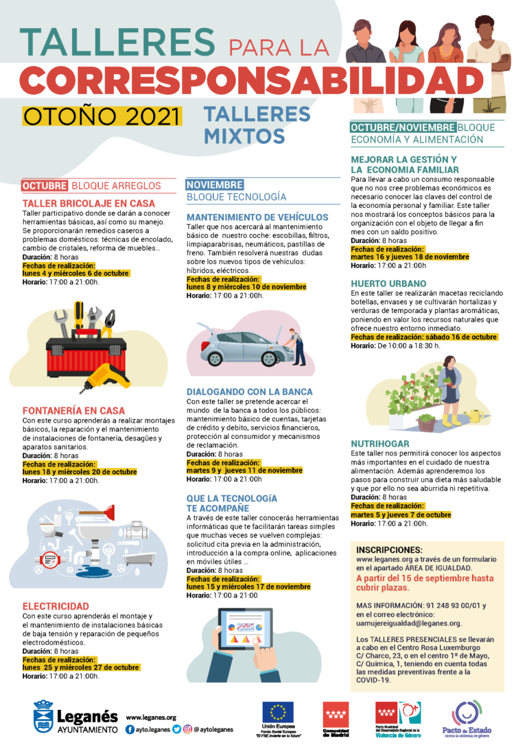 Talleres mixtos para la Corresponsabilidad con 9 cursos gratuitos durante el otoño